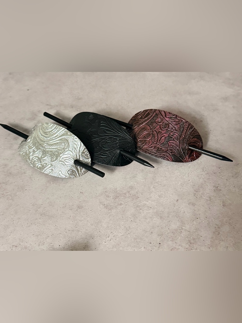 3 Embossed Oval Hair Slides Clip - Black , Pinkish, Silver Hair Accessories